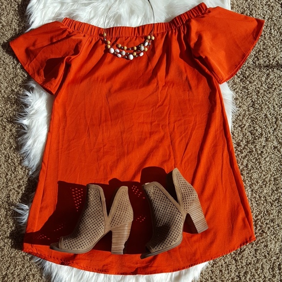 Orange Off the Shoulder Dress - Picture 2 of 8